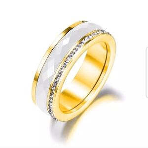 Swarovski Elements Gold Stainless Steel White Ceramic Eternity Band Ring NEW